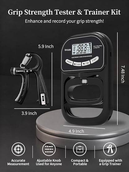 Grip Strength Tester Trainer Electronic Hand Dynamometer of 396lbs/180kg & Grip strengthener with Adjustable Resistance for Sports Home Gym with Digital Display Precision Training for Rehab Fitness