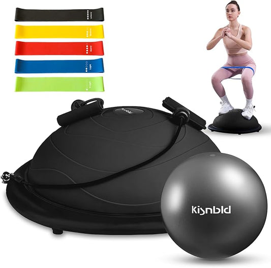 Half Balance Ball Trainer, Inflatable 19/23 Inch Half Exercise Ball with Resistance Bands and Pilates Ball, Non-Slip 660lbs Capacity Yoga Ball for Home Gym Full Body Workouts
