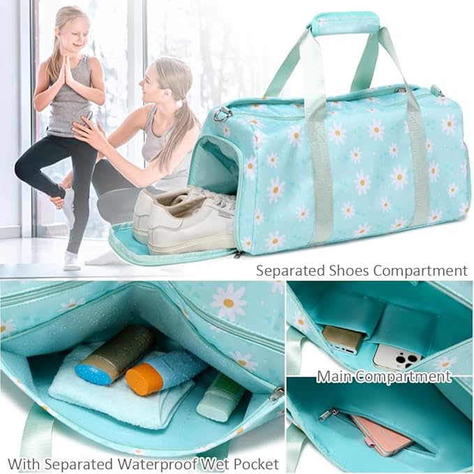 Sports Gym Bag for Girls Dance Bag Daisy Duffel Bag for Girls Water Resistant Sports Duffle Bag Overnight Sleepover Bags with Shoes Compartment Wet Pocket