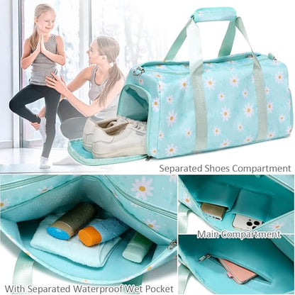 Sports Gym Bag for Girls Dance Bag Daisy Duffel Bag for Girls Water Resistant Sports Duffle Bag Overnight Sleepover Bags with Shoes Compartment Wet Pocket