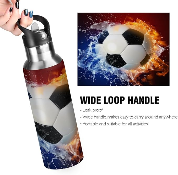 Space Fire Water Soccer Water Bottle Vacuum Insulated Stainless Steel Mug Kids Water Bottle with Straw and Handle Keep Hot Cold Sport Bike Fit Travel Outdoor 20 oz