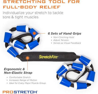ProStretch StretchRite, Physical Therapy Stretching Strap with Grip Handles for Sore and Tight Muscles, Includes Coaching Guide, Blue/White