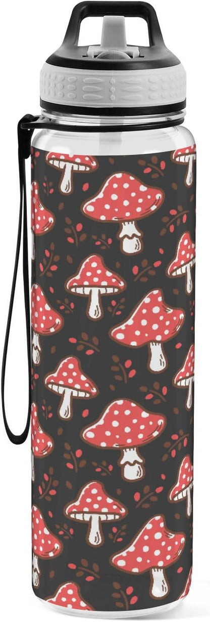 Fustylead Amanita Red Mushroom 32 oz Water Bottle with Straw, Leakproof Clear Sport Bottles for Women Men Outdoor Sport Drinking