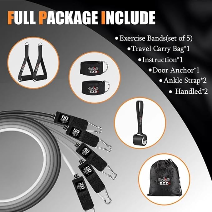 Resistance Bands Set, 200 lbs Heavy Duty Exercise Bands by EZD, Includes Handles, Door Anchor and Ankle Straps, for Home Workout, Strength Training, Physical Therapy, Full Body Workout