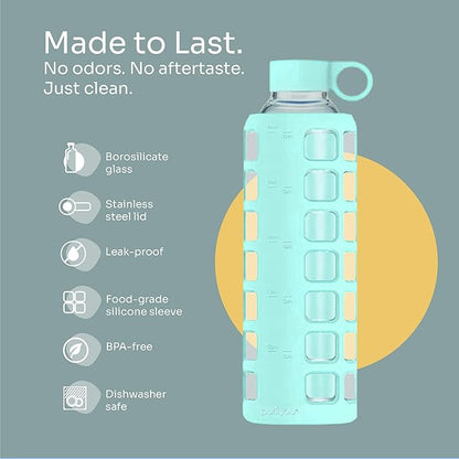 purifyou 40oz / 32oz / 22oz / 12oz Borosilicate Glass Water Bottle with Time & Volume Markers, Silicone Sleeve, Stainless Steel Lid | Reusable Glass Bottle for Water & Juice (32oz Glow-in-the-Dark)