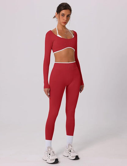ABOCIW Workout Sets for Women Long Sleeve Crop Top Scrunch Butt Lifting High Waist Leggings 2 Piece Gym Yoga Outfits