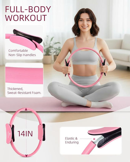 Abahub Pilates Ring Set, Home Workout Pilates Equipment, 14”Magic Circle, Yoga Ball, Resistance Bands, Sliding Disks, Socks, Fascial Ball, Workout Guide & Bag, Blue Set