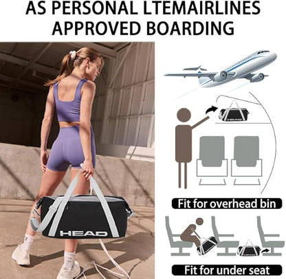 HEAD 45L Black Waterproof Gym Duffel Bag for Women Men, Large Capacity Weekender Overnight Bag with Detachable Strap, Lightweight Travel Tote for Fitness, Yoga & Business Trips