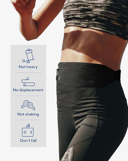 WATERFLY Running Belt Fanny Pack: Runner Marathon Jogging Waist Pack Sport Workout Exercise Fitness Phone Holder Belt for Men Women Jogger Slim Waist Bag Black