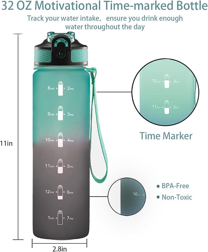 EYQ 32 oz Water Bottle with Time Marker, Carry Strap, Leak-Proof Tritan BPA-Free, Ensure You Drink Enough Water for Fitness, Gym, Camping, Outdoor Sports