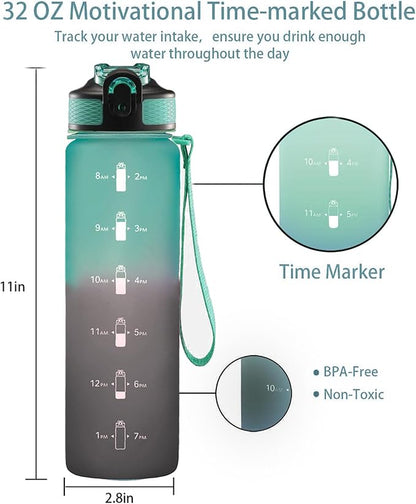 EYQ 32 oz Water Bottle with Time Marker, Carry Strap, Leak-Proof Tritan BPA-Free, Ensure You Drink Enough Water for Fitness, Gym, Camping, Outdoor Sports