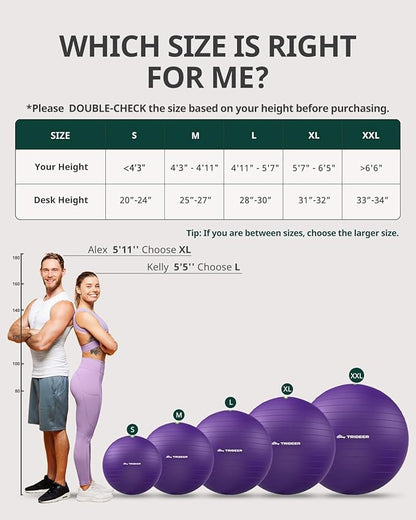Trideer Exercise Ball for Yoga, Pilates & Fitness – Stability Ball Equipment for Home Gym & Office Chair, Core & Balance Training Accessories, Physical Therapy Equipment, Quick Pump Included, 5 Sizes