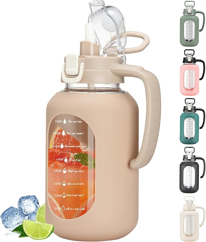 64 oz Glass Water Bottle with Handle and Straw Large 2L Water Bottle with Time Markers and Silicone Sleeve Half Gallon Water Jug BPA Free for Gym Daily Use