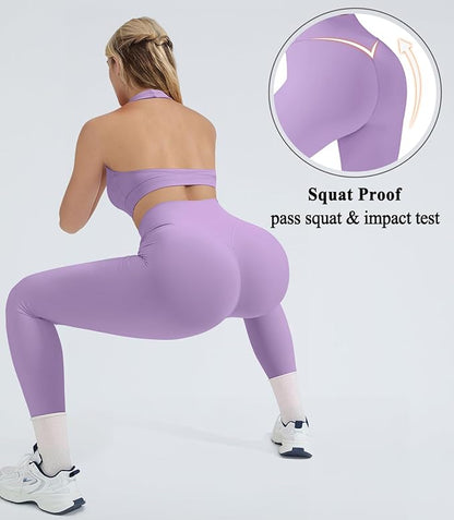 OMKAGI 2 Piece Workout Sets for Women Halter Sports Bras Gym Sets Booty Leggings Outfits