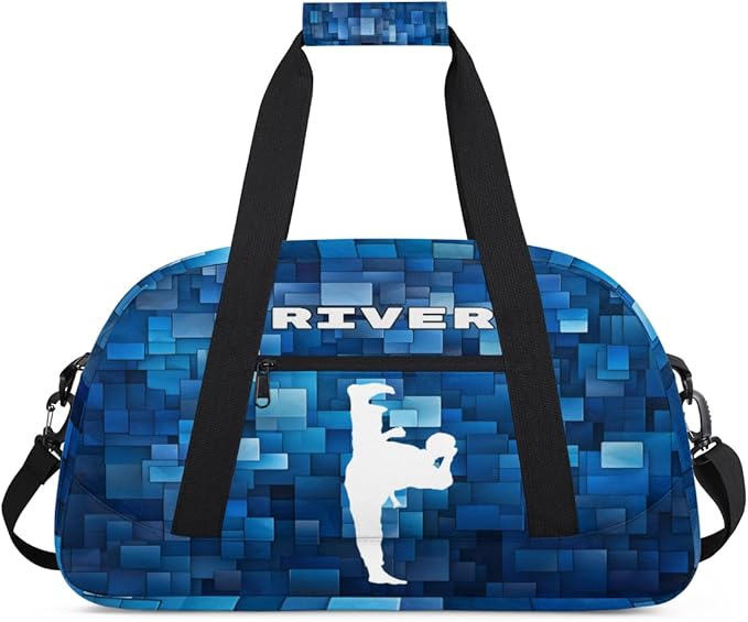 Custom Sports Gym Bag for Boys, Personalized Kids Training Bag Customized Travel Duffle Bag with Name Ranked, White Taekwondo Blue