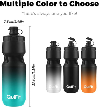 QuiFit Bicycle Water Bottle 24oz, 2-Pack, Lightweight Bike Bottle Leak-Proof, BPA Free, With Nozzle Cover, Fits Most Bike Cages, for Workout, Cycling, Gym, Camping(Black+Black White, 24oz)