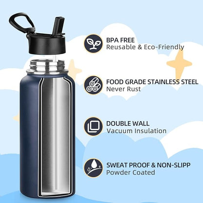 MEZMUT Insulated Water Bottle with Straw 32 oz Metal Water Bottle Leakproof Travel Stainless Steel Water Bottles Reusable Double Wall Gym Sports Cup Flask for Camping Hiking, Navy