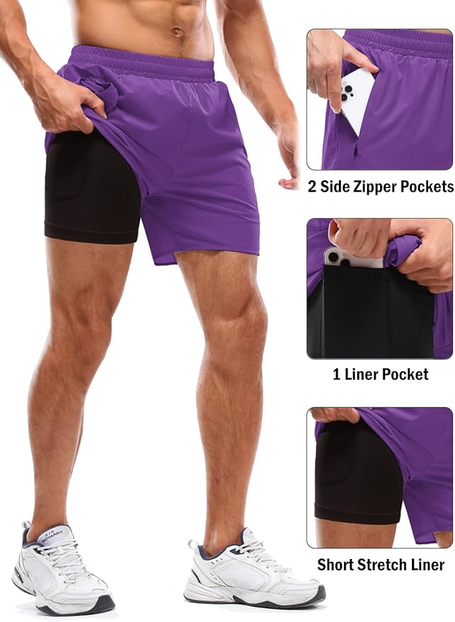 Aolesy Men's 2 in 1 Running Shorts 5" Workout Gym Athletic Shorts for Men Quick Dry Lightweight Training Shorts with Pockets