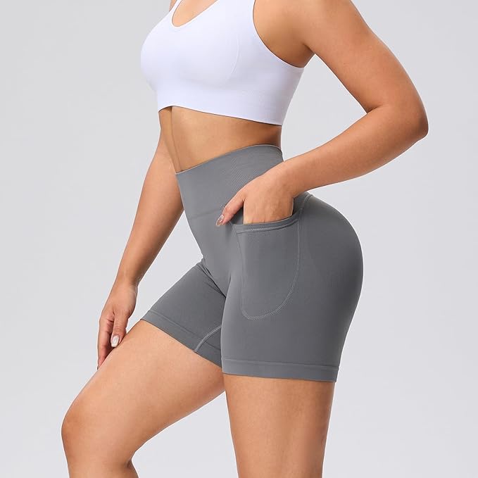 Evercute Women's Gym Shorts 3/4 Pack Seamless Scrunch Butt Lifting Workout Shorts 5" Tummy Control Ruched Booty Yoga Short