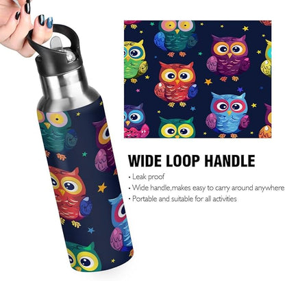 Animal Owl Vacuum Insulated Water Bottle Stainless Steel Kids Sport Jug with Straw Lid Wide Mouth Leakproof BPA Free for Bike Running Walking Outdoor 20 Oz