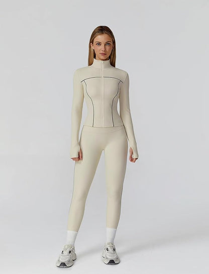 Womens workout sets Contrast Long Sleeve Jacket with Sports Bra and Butt-lifting Pants Yoga Outfits 3 Pieces Set