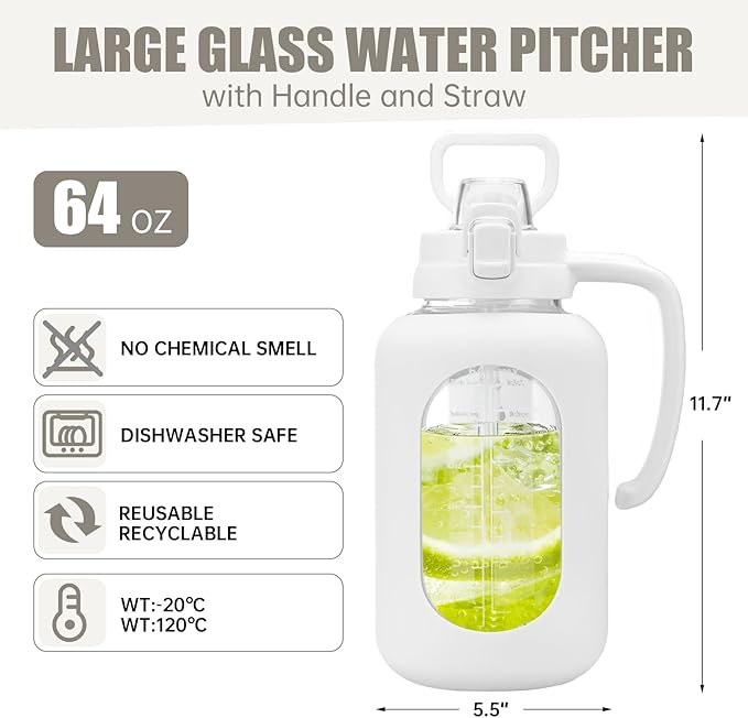 64 oz Glass Water Bottle with Handle and Straw Large 2L Water Bottle with Time Markers and Silicone Sleeve Half Gallon Water Jug BPA Free for Gym Daily Use