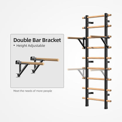 DHT Wood Stall Bar, Swedish Ladder Suspension Trainer with 9 Strategic Rods, for Home, Gym, School and Clinics, Black