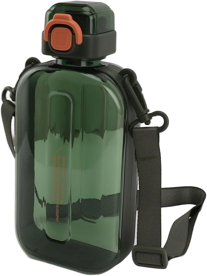 Pomya Flat Water Bottle, Portable Travel Mug, Lightweight Leakproof Slim Water Bottles with Strap for Sports Camping Gym Fitness Outdoor Backpacking Hiking, Ultra Light, 750ml(Green)