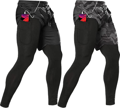 OEBLD Mens 2 in 1 Athletic Running Pants Quick Dry Gym Workout Shorts for Men Compression Pants with Pockets