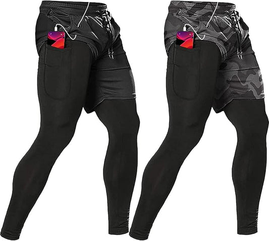 OEBLD Mens 2 in 1 Athletic Running Pants Quick Dry Gym Workout Shorts for Men Compression Pants with Pockets