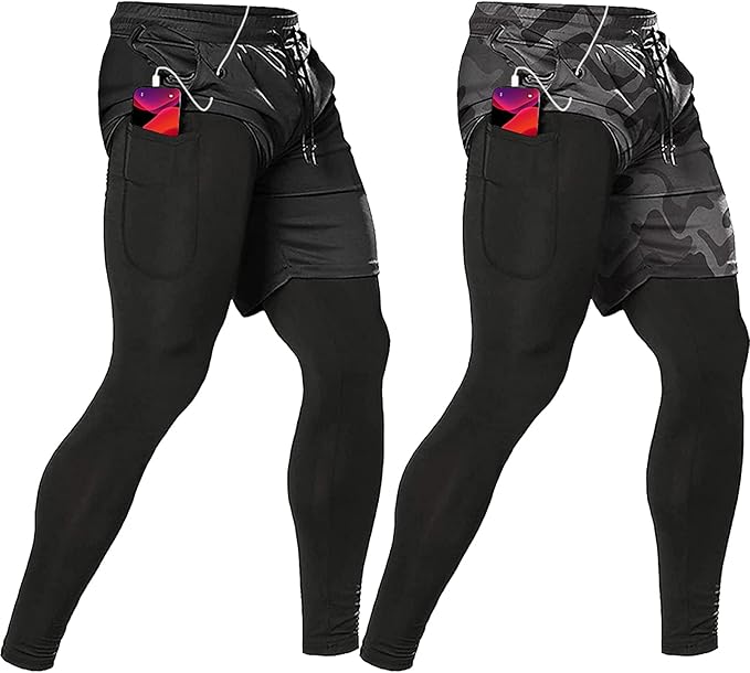 OEBLD Mens 2 in 1 Athletic Running Pants Quick Dry Gym Workout Shorts for Men Compression Pants with Pockets