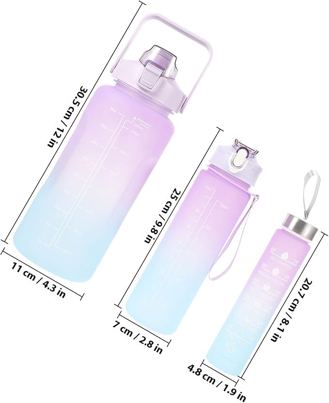 Ciieeo 3pcs Sports Water Bottle Set Large Capacity Frosted Gradient Plastic Workout Bottles (2l, 900ml, 300ml) Portable Fitness Hydration for Outdoor Gym and Hiking