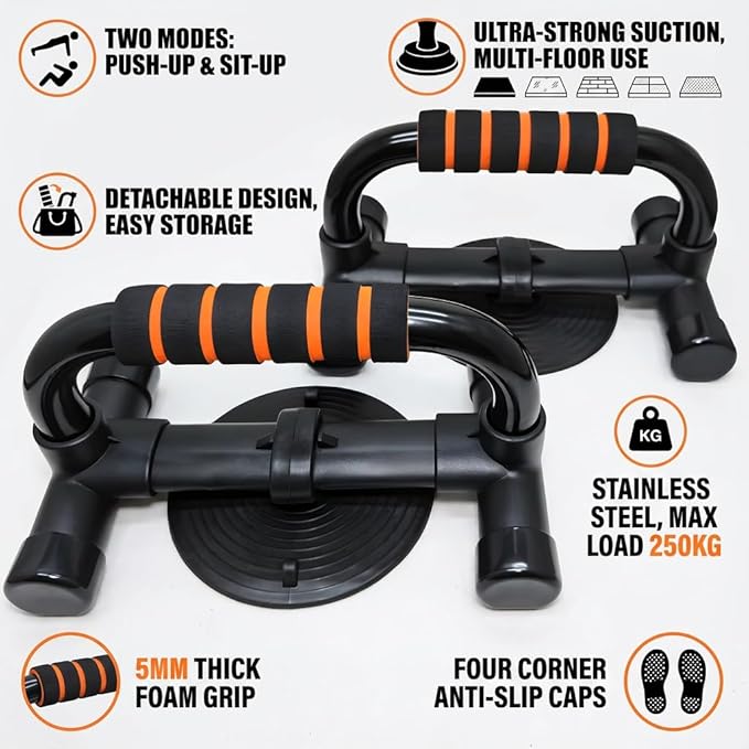 Push Up Stand with Suction Cup Base for Ultimate Anti-Slip Stability, Home Gym Equipment for Men & Women, Chest Workout with Comfort Foam Grips