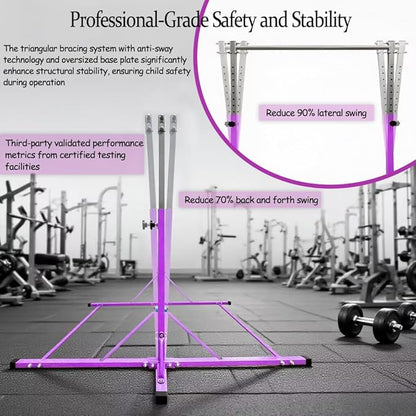 Gymnastics Bar for Kids Girls Ages 3-15 with Ring for Home Indoor Training Equipment- Steady Steel Construction, Anti-Slip, Easy to Assemble, 3' to 5' Adjustable Height