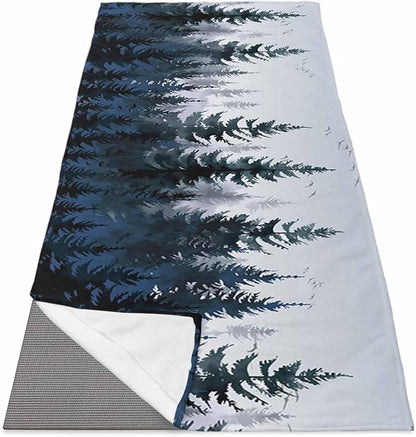 Forest Blue Trees Yoga Mat Towel with Corner Pockets for Hot Yoga Non Slip,Absorbent Yoga Blankets Microfiber Soft Gym Sweat Working Out Fitness Pilates Towels 74"x26" Watercolor Nature Bird