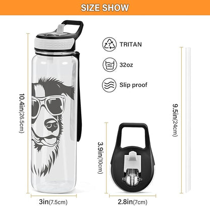 Fustylead Black and White Hipster Collie Dog Wear Glasses 32oz BPA Free Water Bottles, Leakproof Tritan Sport Water Bottle with Straw for Gym Fitness Running