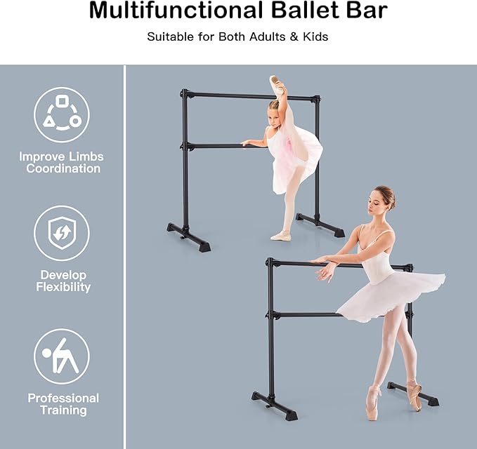 Goplus 4 FT Height Adjustable Ballet Bar, Double Portable Ballet Barre, Freestanding Dance Bar, Fitness Exercise Equipment for Home Gym School, Barre Bar for Kids & Adults