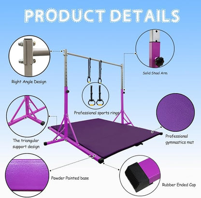 Gymnastics Bar for Kids Girls Ages 3-15 with Ring for Home Indoor Training Equipment- Steady Steel Construction, Anti-Slip, Easy to Assemble, 3' to 5' Adjustable Height
