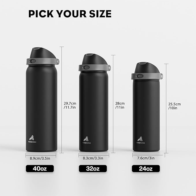POWCAN 40 oz Insulated Water Bottle for Men: Push-Button Spout & Quick-Flip Straw, Leakproof, Cold for 24 Hrs, Stainless Steel Large Water Bottle for Sports, Camping, Trips, Outdoors (Midnight Black)
