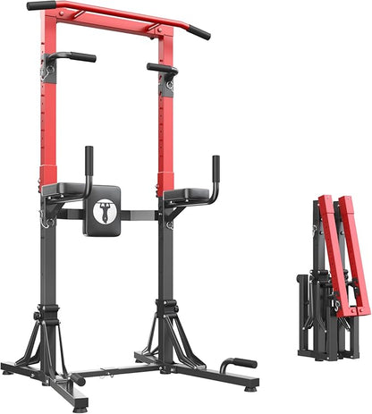 SogesHome Foldable Power Tower Pull Up Bar and Dip Stand, Height Adjustable Free Standing Strength Trainer Dip Station, Multifunctional Fitness Exercise Workout Pullup Station for Home Gym Equipment, Black Red