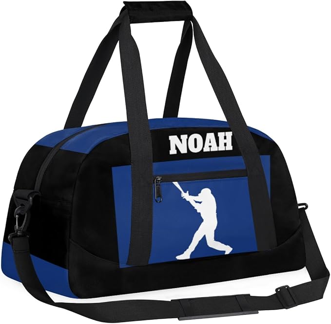 Personalized Sports Training Bag for Boys, Custom Name Baseball Carry On Weekender Gymnastics Gym Bag for Men Travel Business Trip, Playing Baseball Silhouette Blue and Black Background