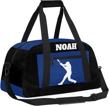 Personalized Sports Training Bag for Boys, Custom Name Baseball Carry On Weekender Gymnastics Gym Bag for Men Travel Business Trip, Playing Baseball Silhouette Blue and Black Background