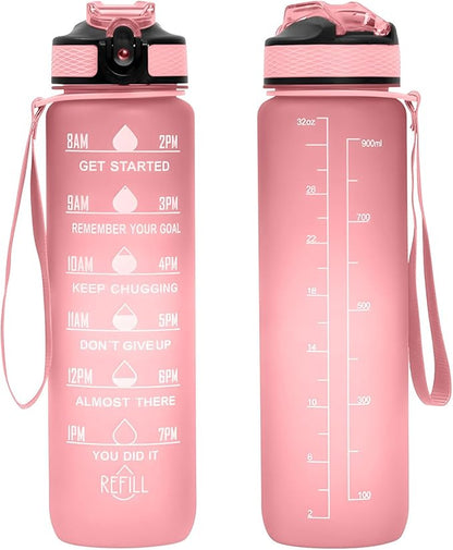 32 oz Water Bottles with Times to Drink and Straw, Motivational Water Bottle with Time Marker, Leakproof & BPA Free, Drinking Sports Water Bottle WIth Hand Strap for Fitness, Gym & Outdoor (pink)