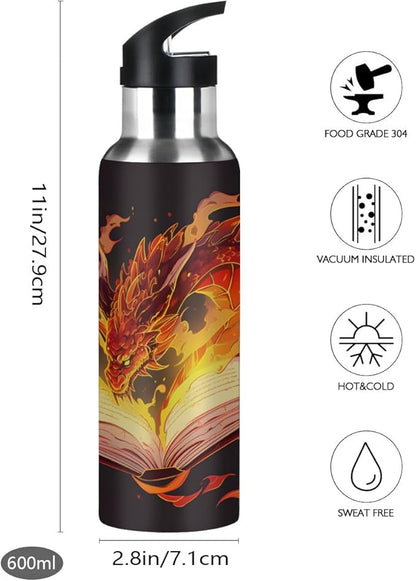 AUUXVA Fiery Dragon Vacuum Insulated Water Bottle Stainless Steel Kids Sport Jug with Straw Lid Wide Mouth Leakproof BPA Free for Bike Running Walking Outdoor 20 Oz