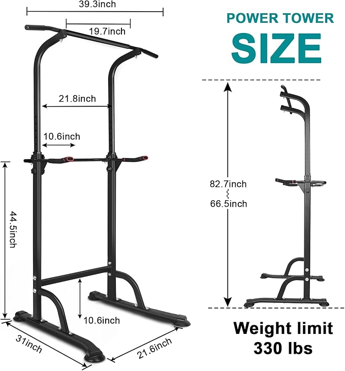 Heavy Duty Power Tower & Adjustable Dip Station for Men Adults Home Gym, Multi-Function Training Equipment for Pull Ups, Chin Ups, Dips, Push Ups, Leg Raises, Compact Strength Training Power Rack
