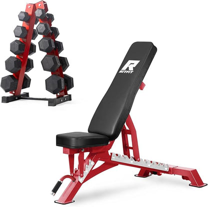 RitFit Rubber Coated Hex Dumbbell Set with Rack, 5-780LB for Home Gym Strength Training, Anti-Slip Knurled Handle, Hexagon Anti-Roll, Heavy-Duty Storage Rack