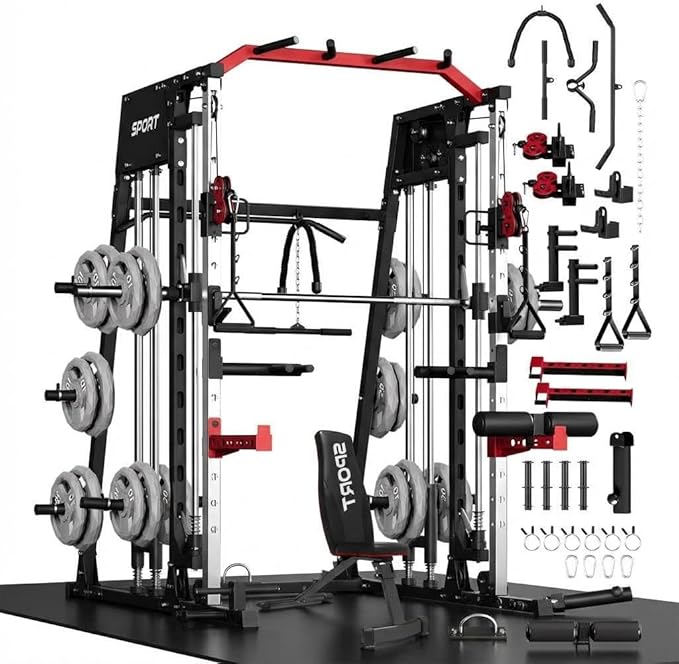 Smith Machine Home Gym All-in-1, 2200LBS Power Cage with Dual Cable Pulley Systems, LAT Pull-Down & Leg Hold-Down | Complete Strength Training Equipment for Full Body Workouts