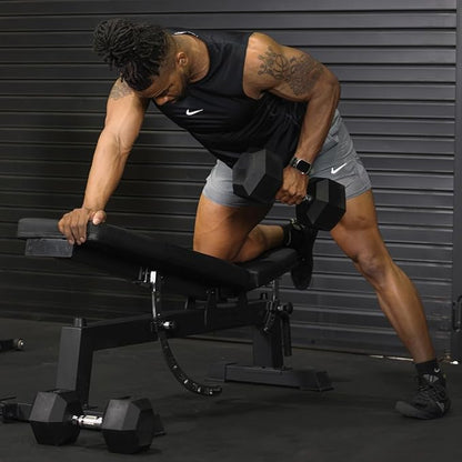 Titan Fitness Rubber Hex Dumbbells, 5 LB-50 LB Set of Pairs, Roll-Resistant Hexagonal Free Weights, Hex Dumbbell set with Chrome-Coated Handles, Free Weight Set, Strength Training Equipment