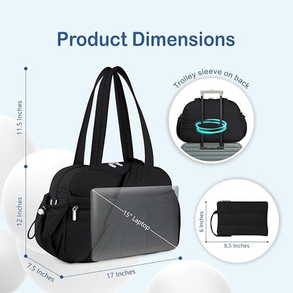 TOPDesign Travel Duffel Bag for Women, Puffer Gym Bag Sports Tote with Wet Pocket, Carry On Weekender with Luggage Sleeve (Black)