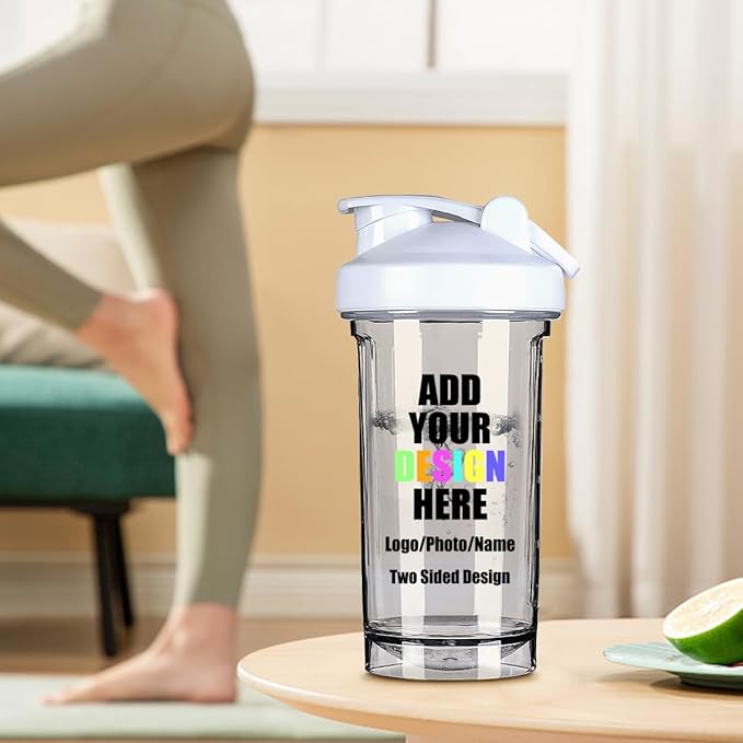 Custom Plastic Shaker Bottles with Handle, Personalized Fitness Shaker Bottles with Your Own Design/Logo/Name, Sports Water Bottle Leak Proof Cup for Protein Mixes, White